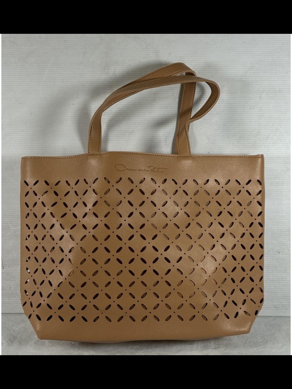 Oscar de la Renta Tan Laser-Cut Leather Shoulder Tote